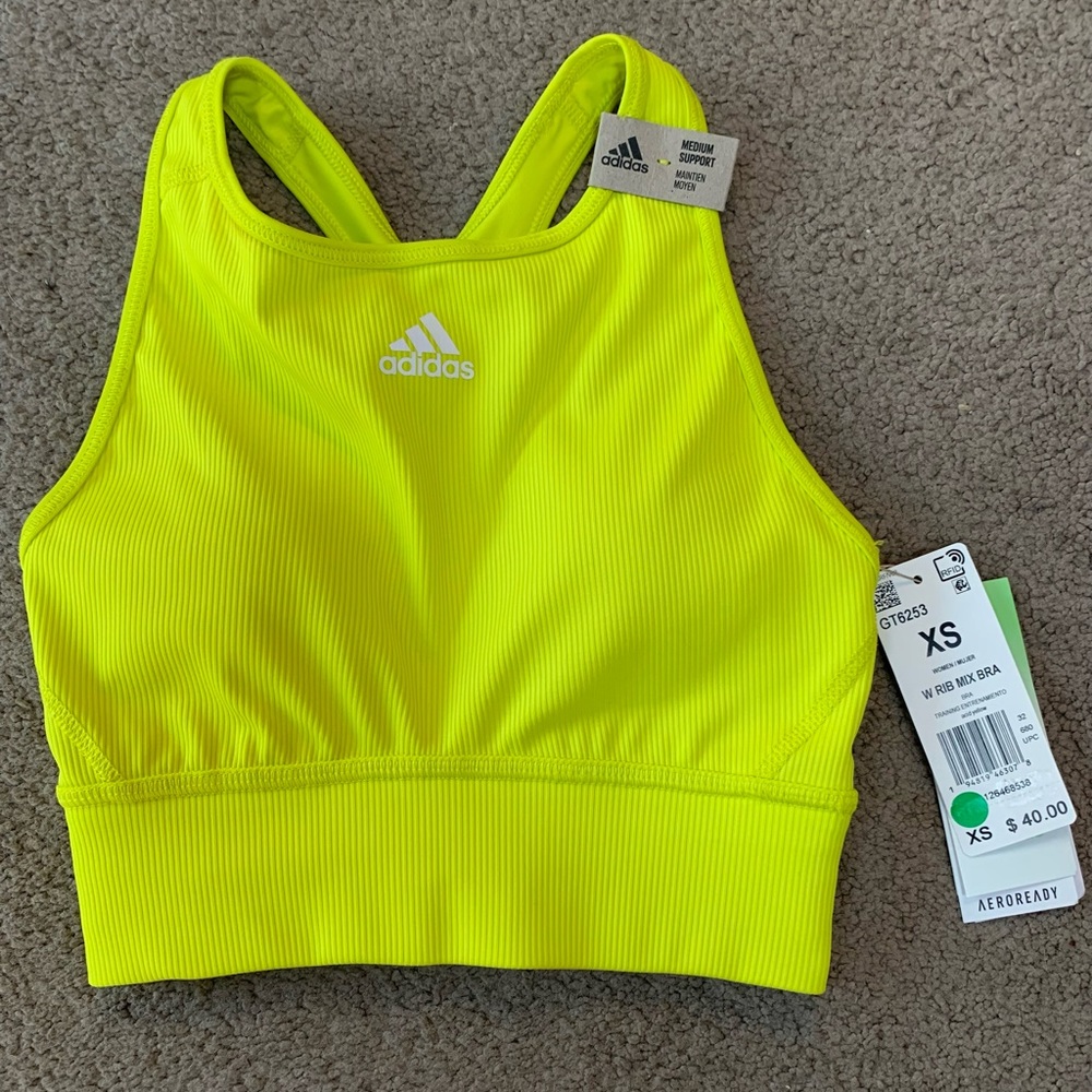 Adidas aeroready sports bra, extra small, acid yellow, new with tags